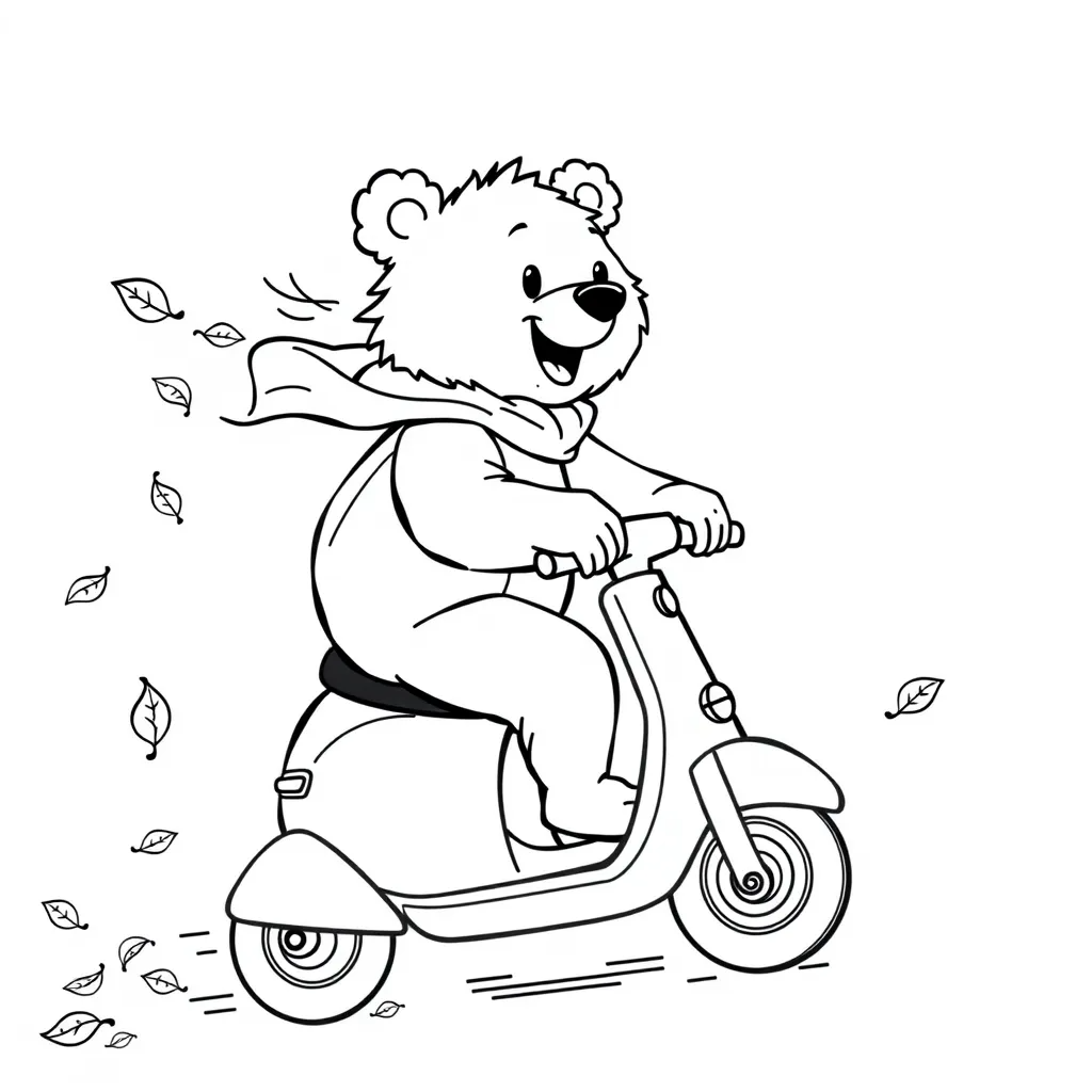 Bear Riding a Scooter Down a Leafy Trail