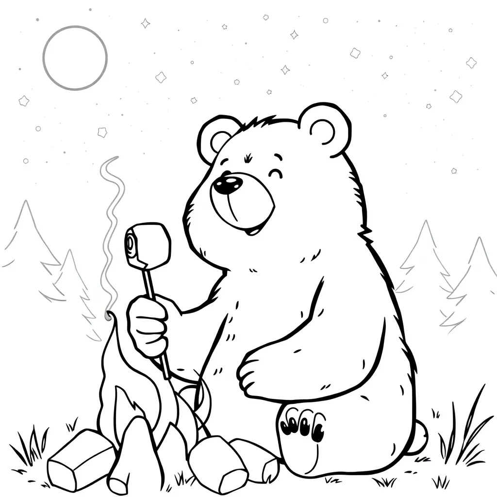 Bear Roasting Marshmallows at a Campfire