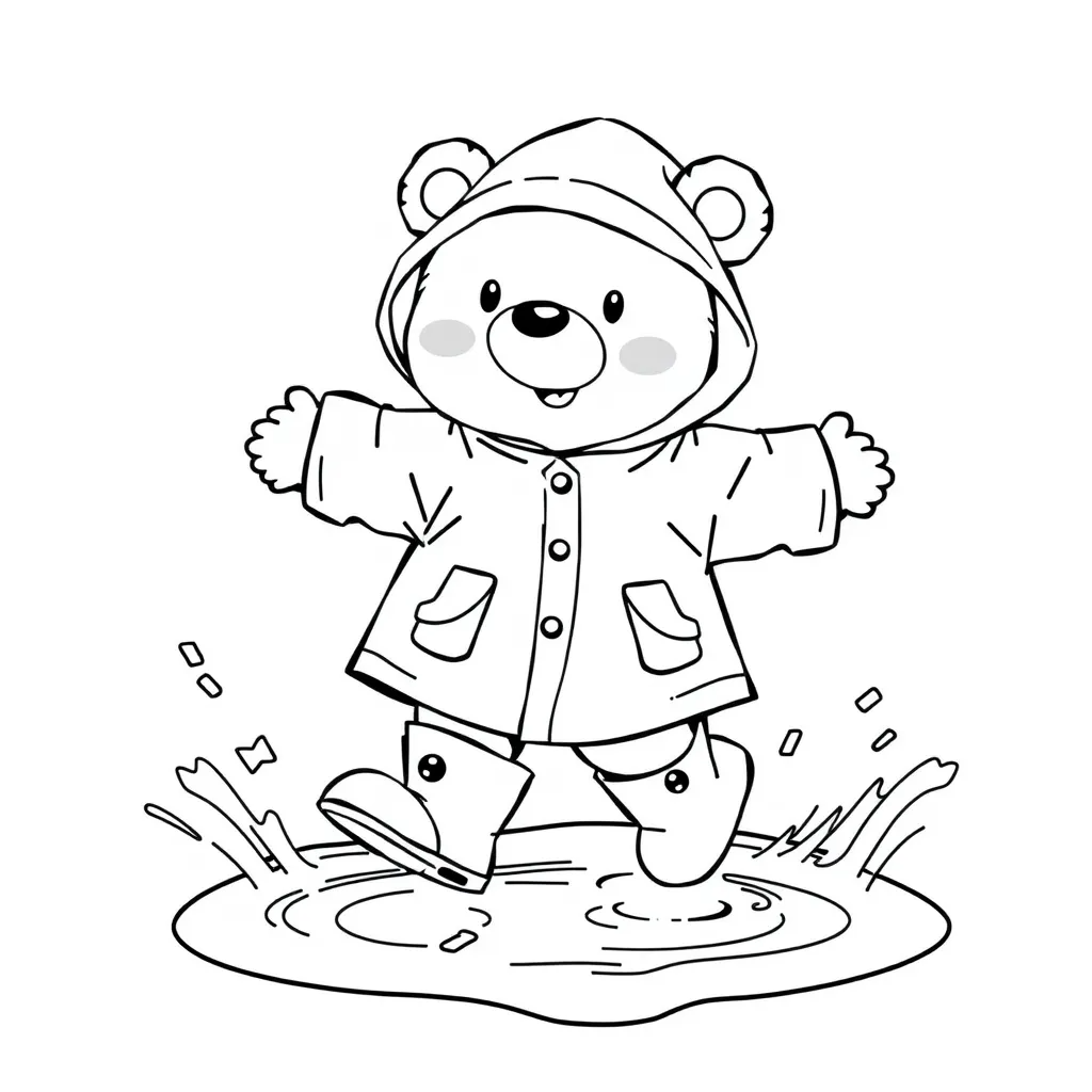 Bear Wearing a Raincoat and Jumping in Puddles