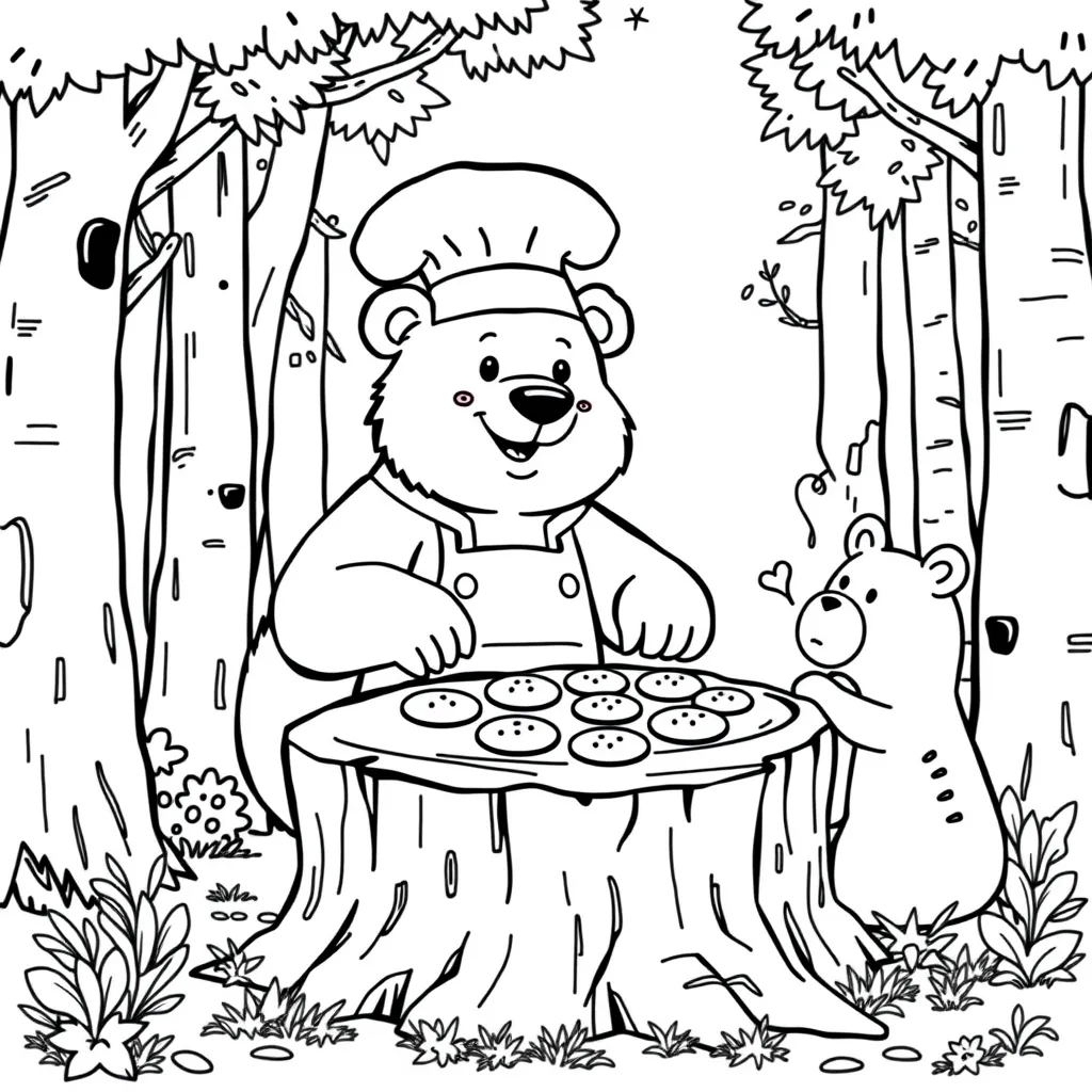 Bear in a Chef Hat Baking Cookies in the Woods