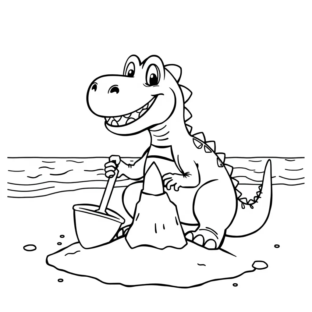 Dinosaur Building a Sandcastle at the Beach