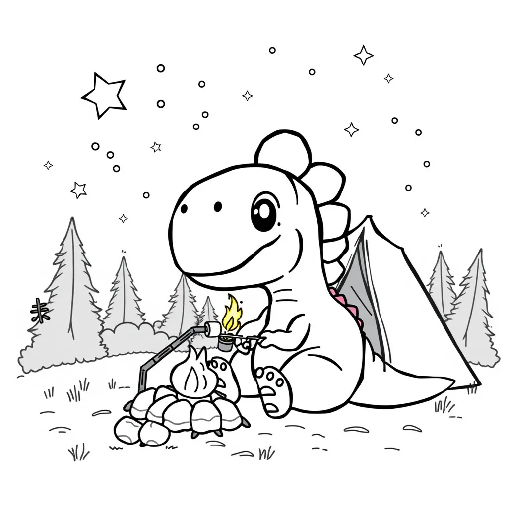 Dinosaur Camping Under the Stars with Fireflies