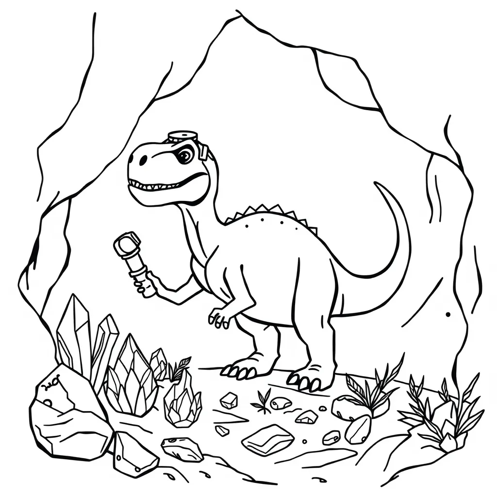 Dinosaur Exploring a Cave with a Flashlight