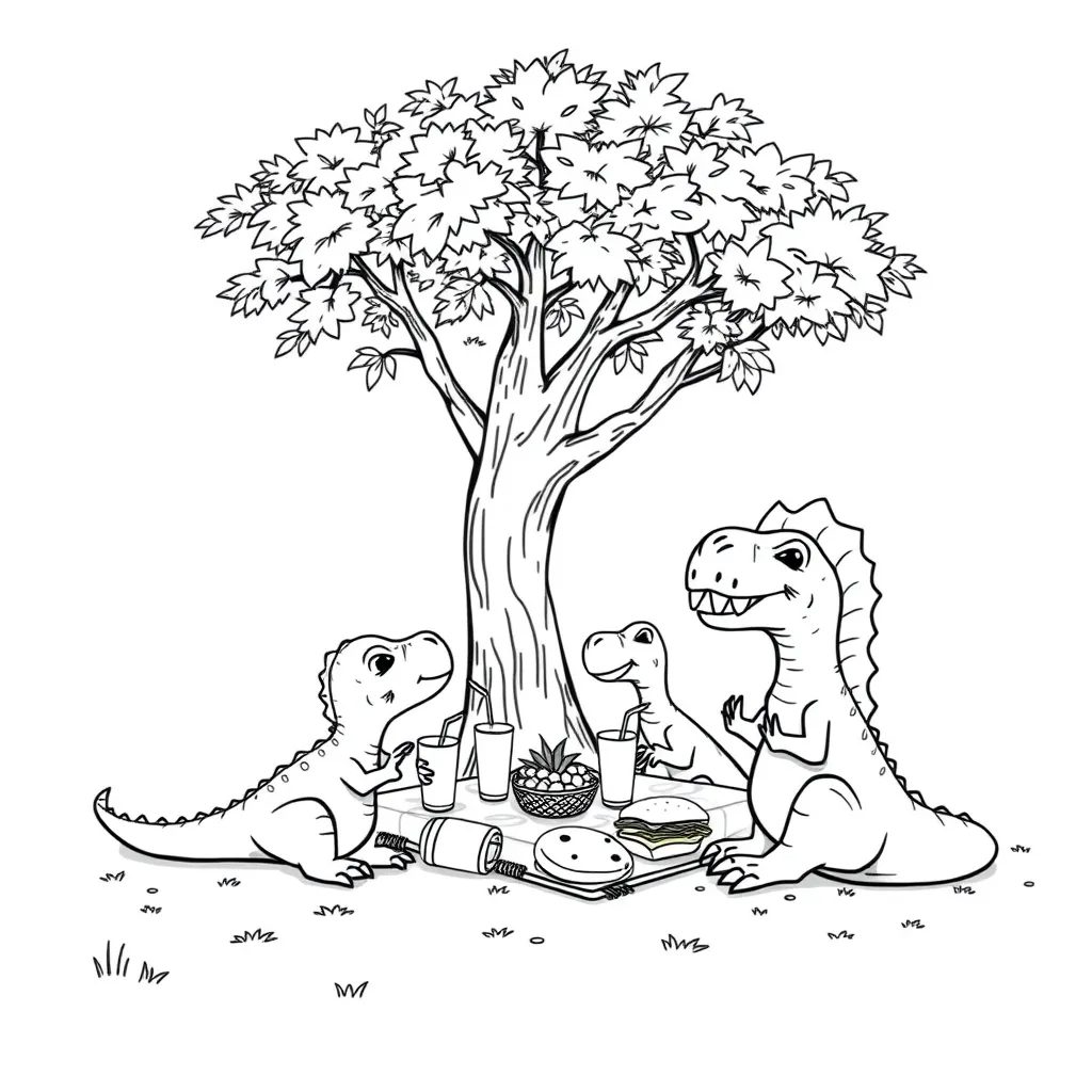 Dinosaur Family Having a Picnic Under a Tree