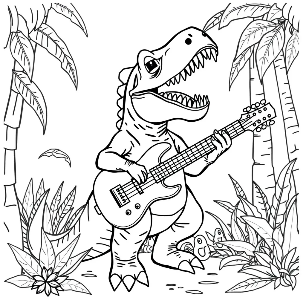 Dinosaur Playing Guitar in a Jungle Band