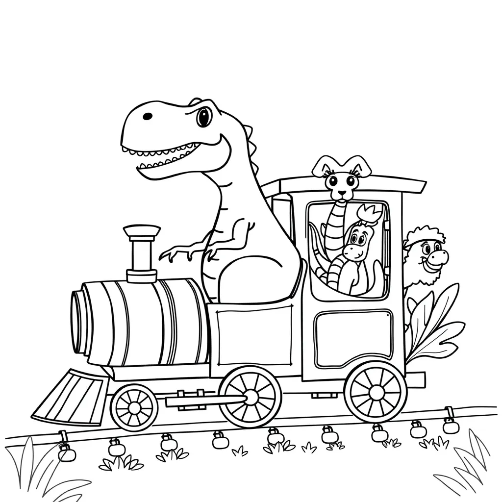 Dinosaur Riding a Train with Jungle Animals