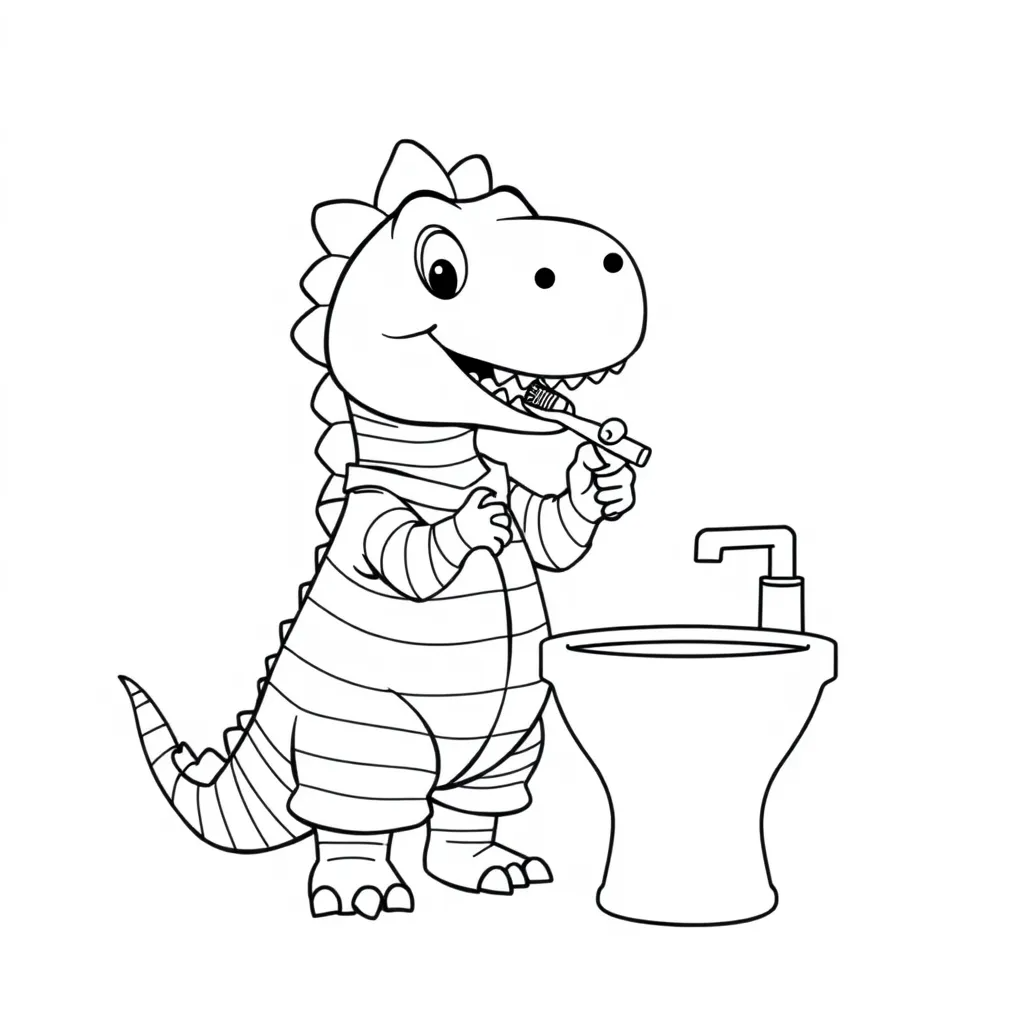 Dinosaur in Pajamas Brushing Its Teeth