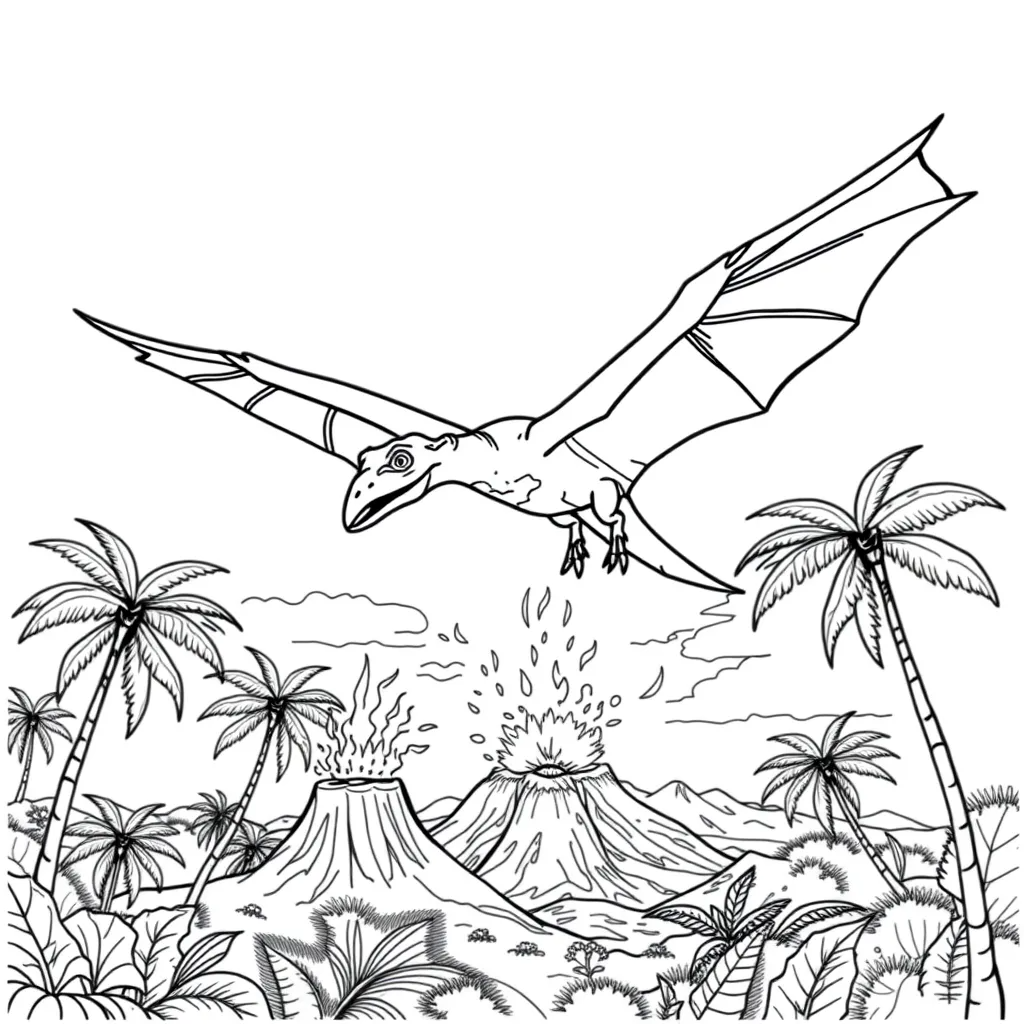 Flying Pterodactyl Above Volcanoes and Palm Trees