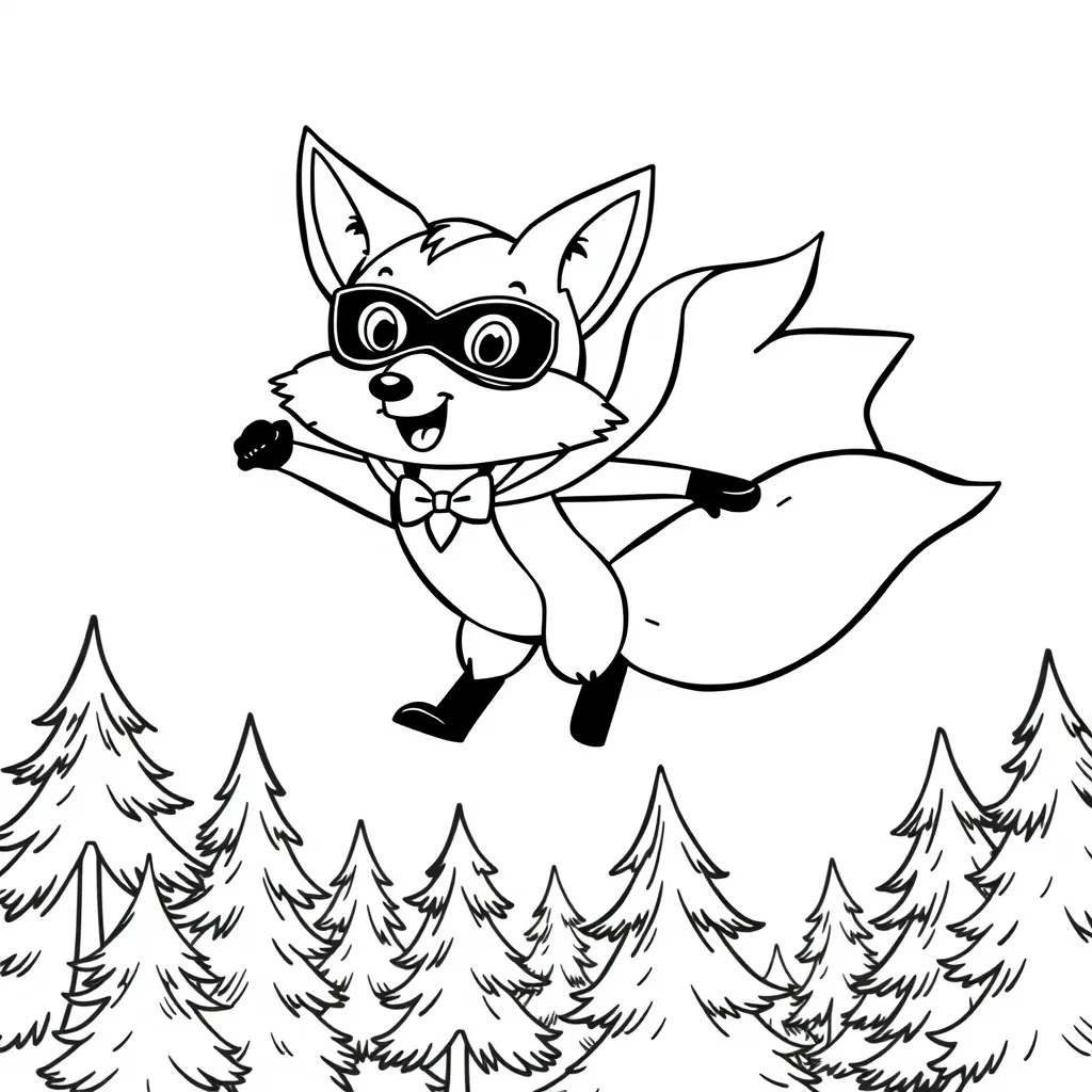 Fox Dressed as a Superhero Flying Over Trees