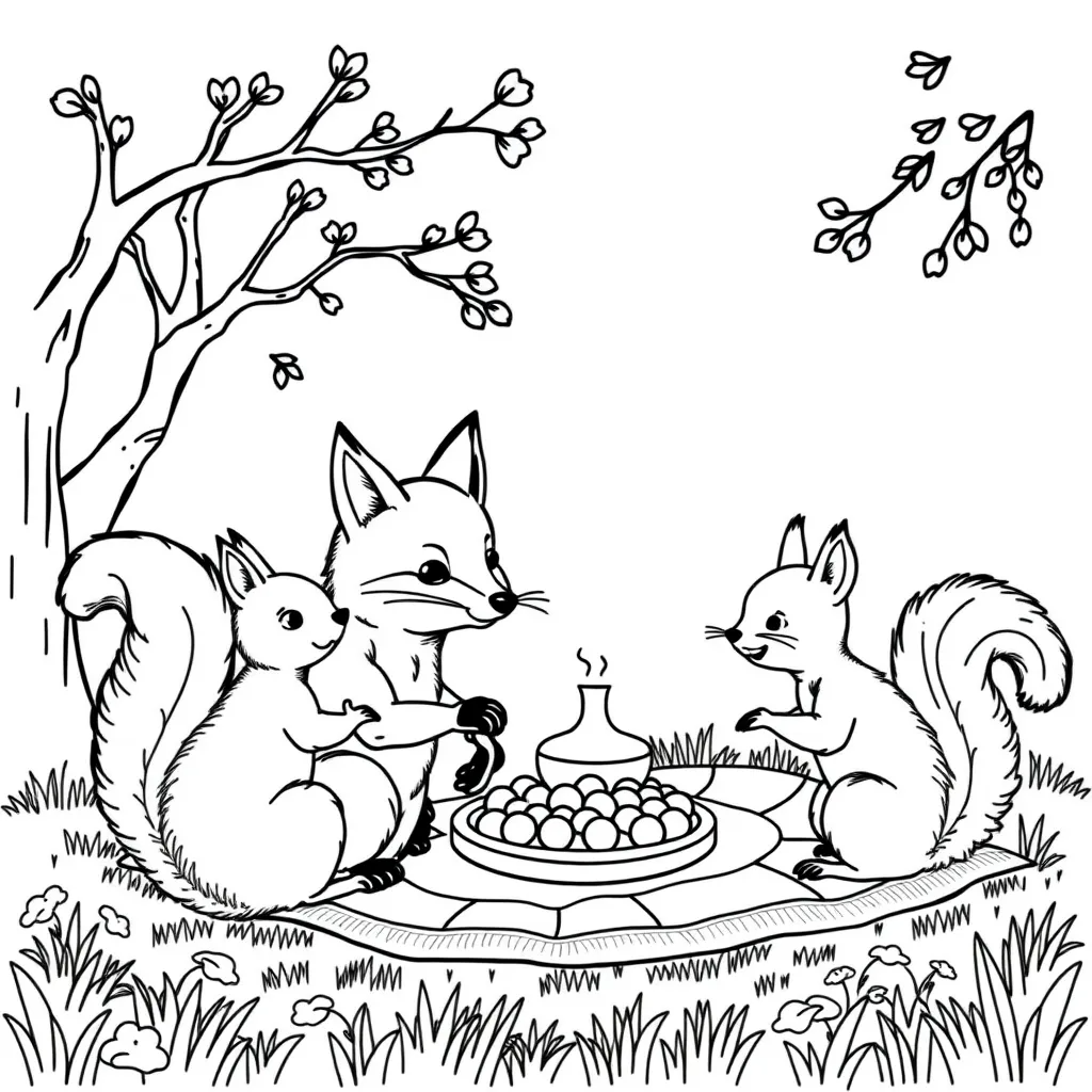 Fox Having a Picnic with Squirrel Friends