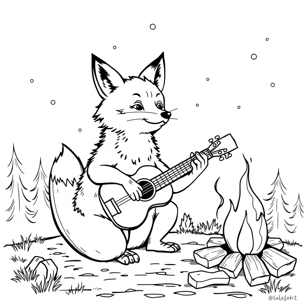 Fox Playing Guitar by a Campfire