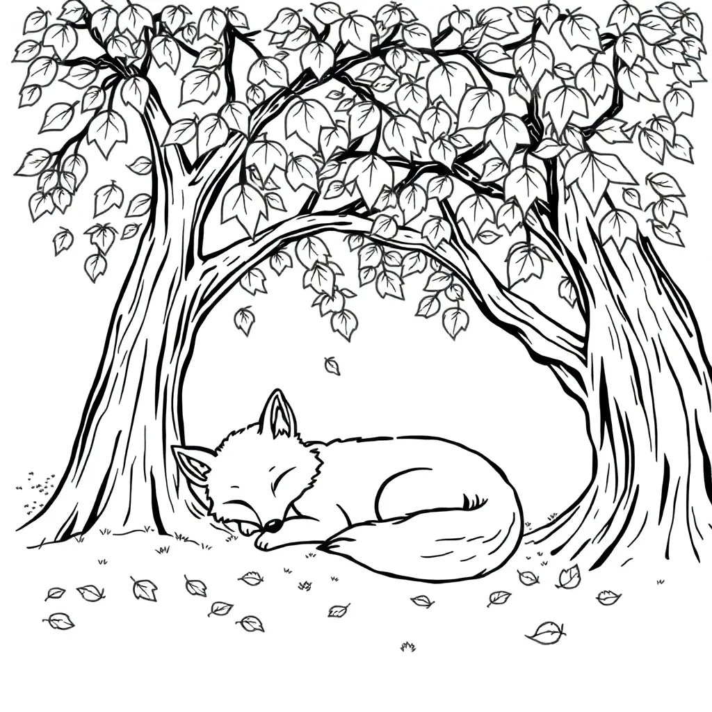 Fox Sleeping Under a Tree with Falling Leaves