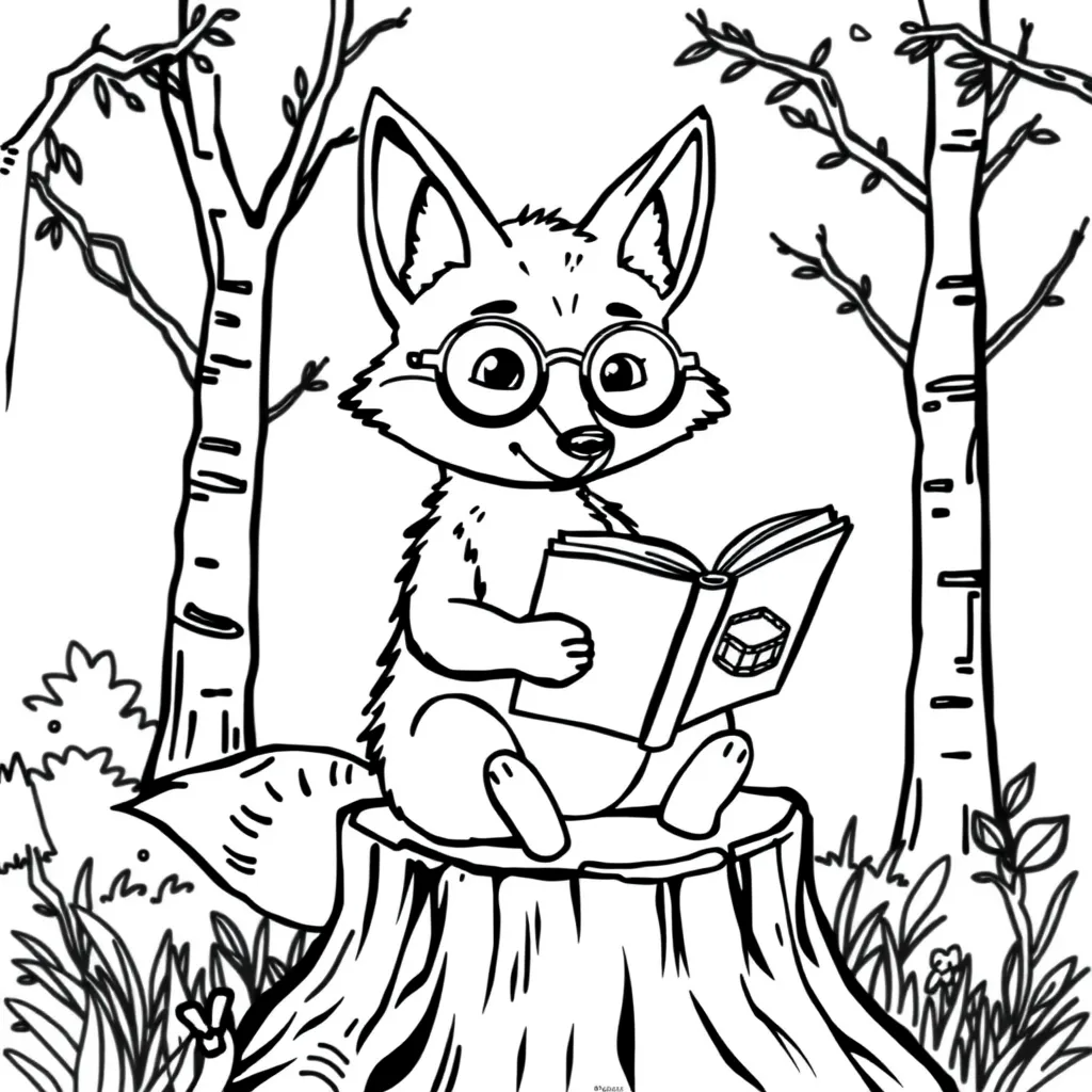 Fox Wearing Glasses and Reading a Book