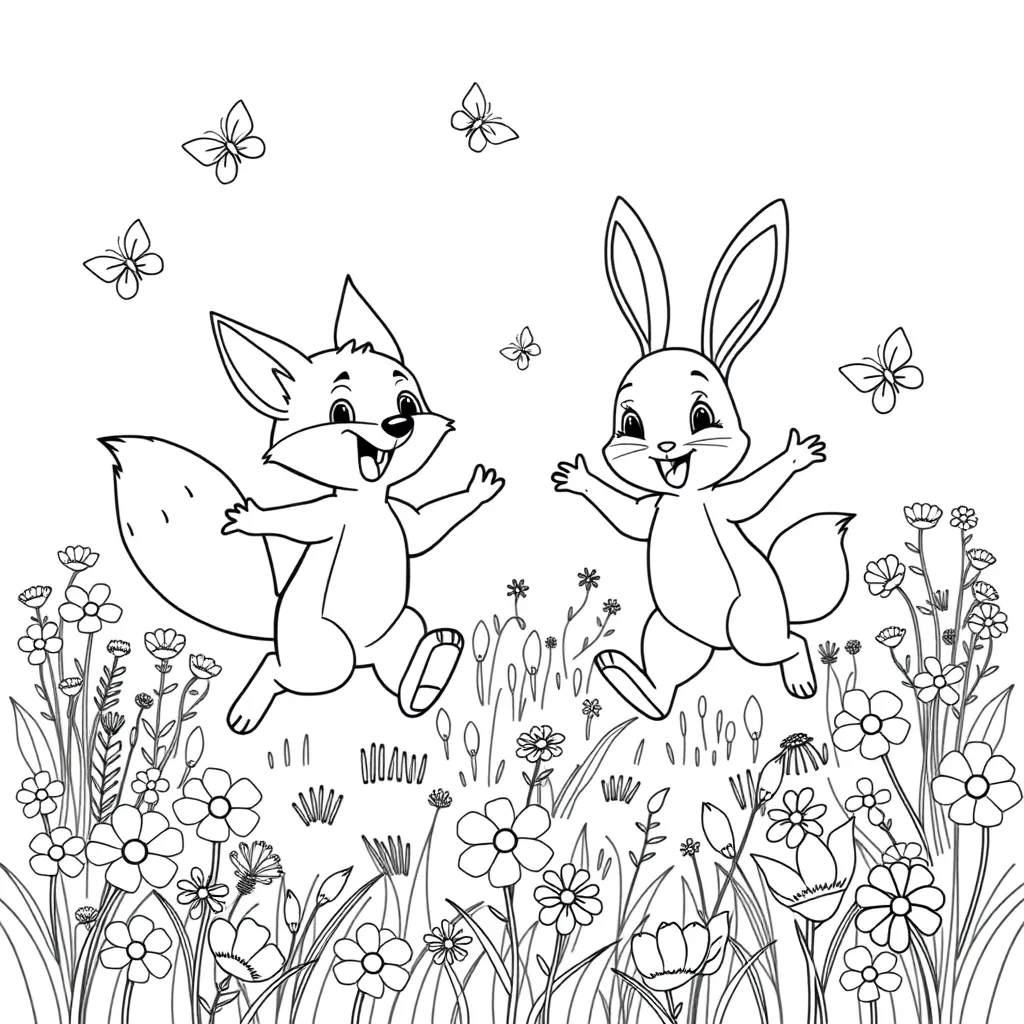 Fox and Bunny Playing in a Flower Field