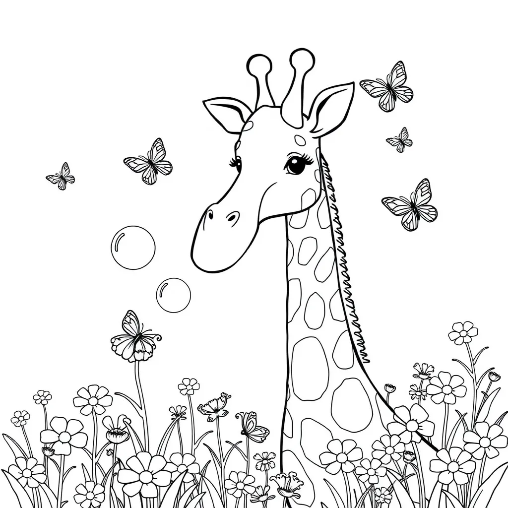Giraffe Blowing Bubbles in a Flower Field