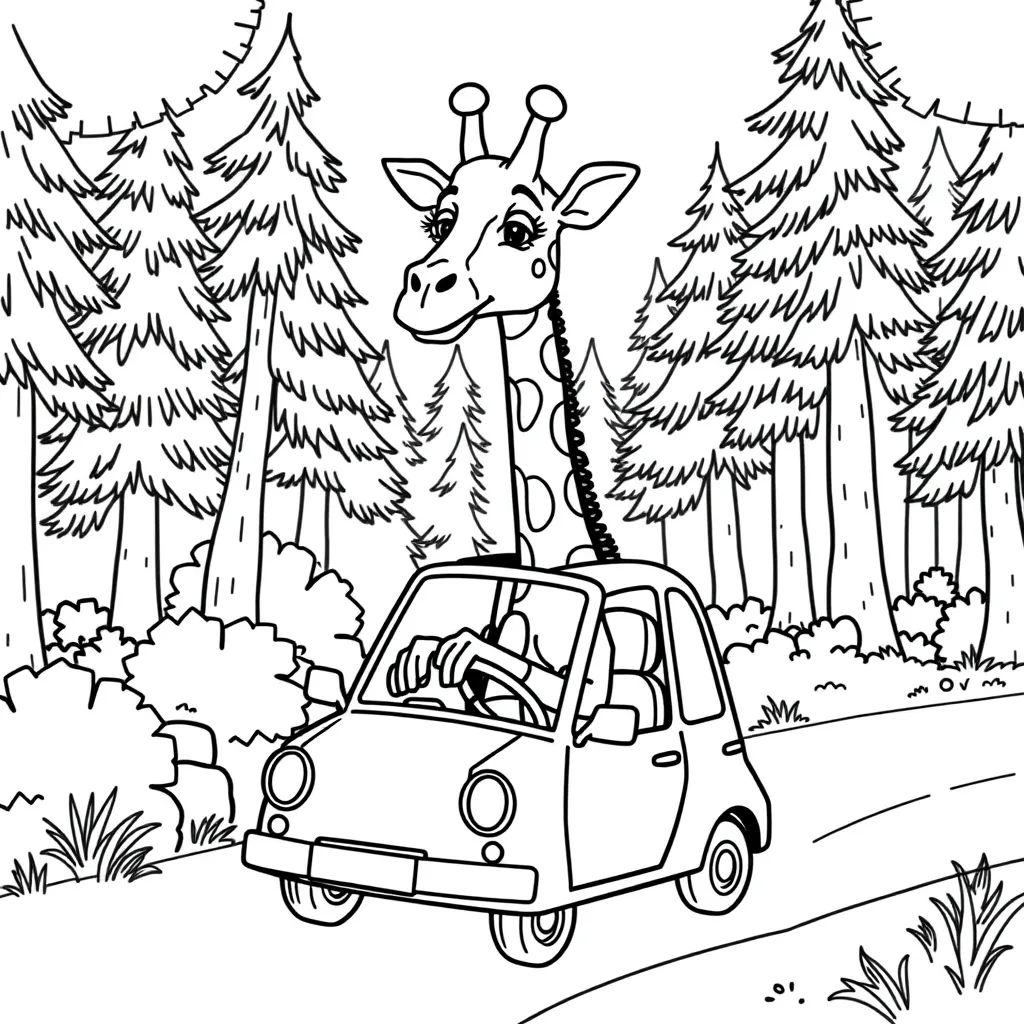 Giraffe Driving a Tiny Red Car Through the Forest