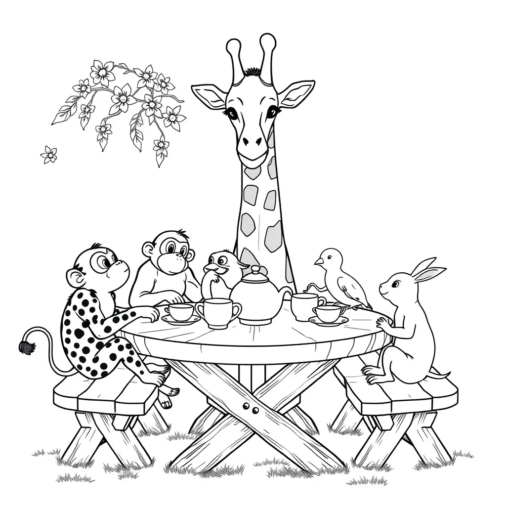 Giraffe Having a Tea Party with Forest Friends