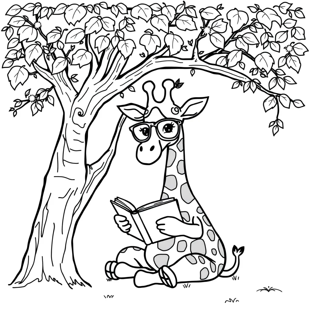 Giraffe Reading a Book Under a Tree