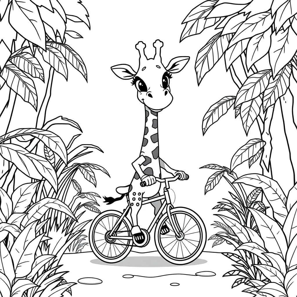 Giraffe Riding a Bicycle Through the Jungle