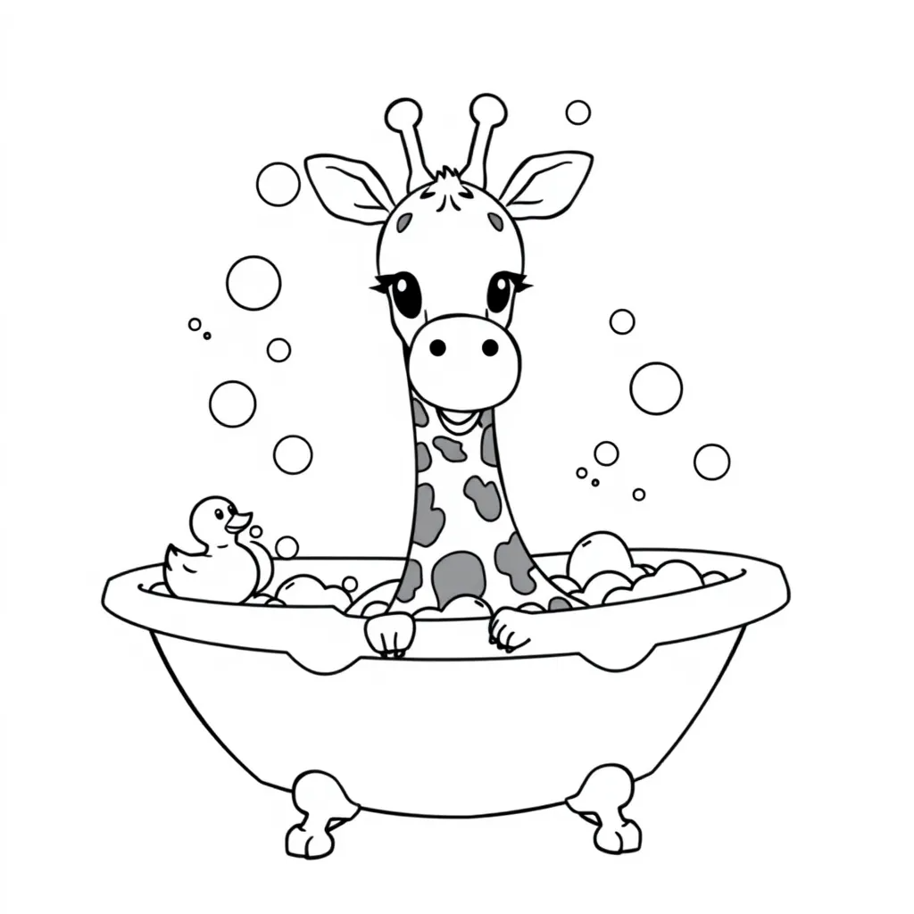 Giraffe Taking a Bubble Bath with a Rubber Duck