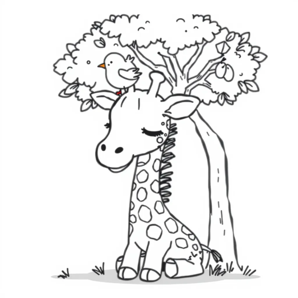 Giraffe Taking a Nap Under a Tree with a Bird on Its Head