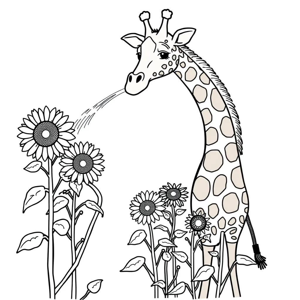 Giraffe Watering a Garden with a Long Hose