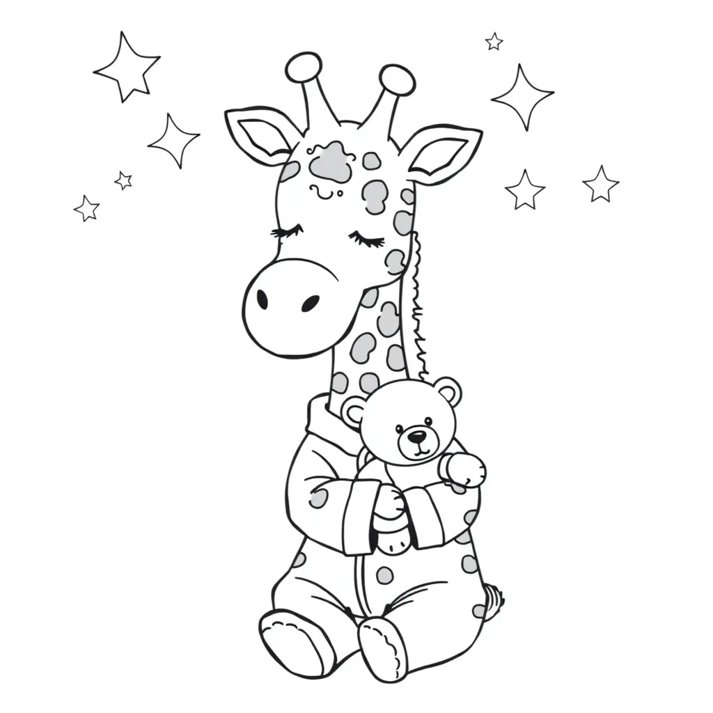 Giraffe Wearing Pajamas and Holding a Teddy Bear