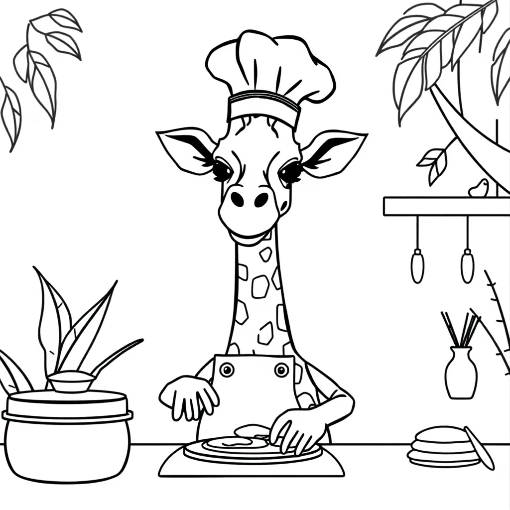 Giraffe Wearing a Chef Hat and Flipping Pancakes