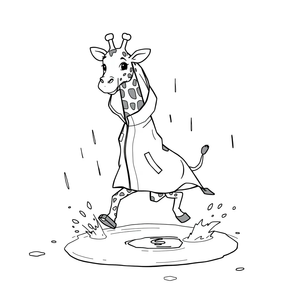 Giraffe Wearing a Raincoat and Jumping in Puddles