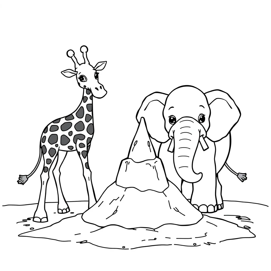 Giraffe and Elephant Building a Sandcastle Together