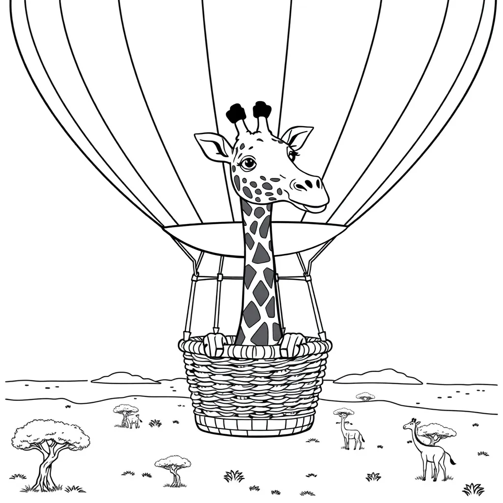 Giraffe in a Hot Air Balloon Floating Above the Savannah