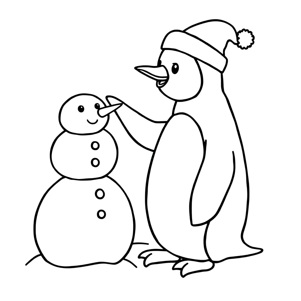 Penguin Building a Snowman