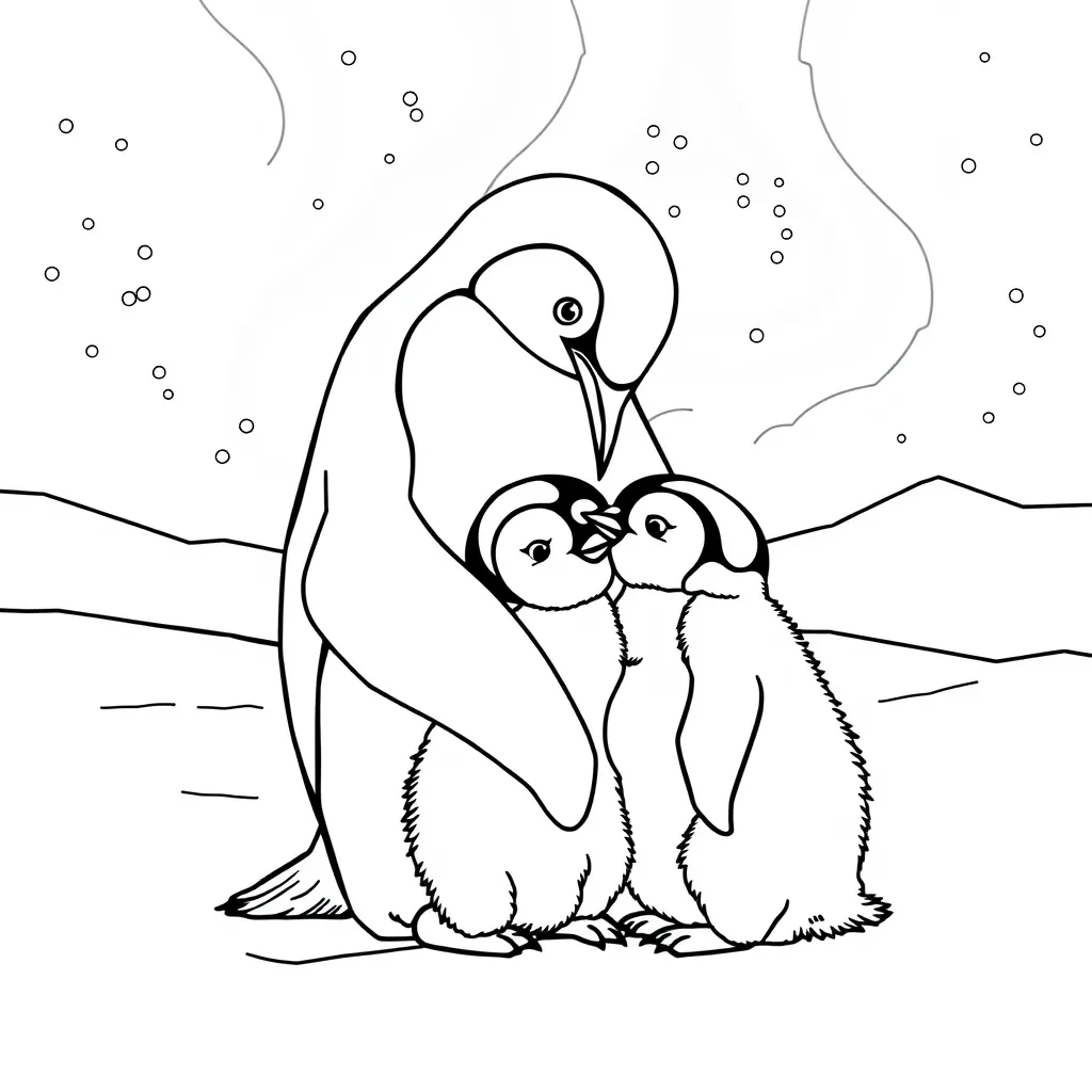 Penguin Family Cuddling in the Snow