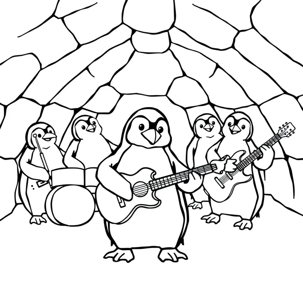 Penguin Playing Guitar in an Igloo Band
