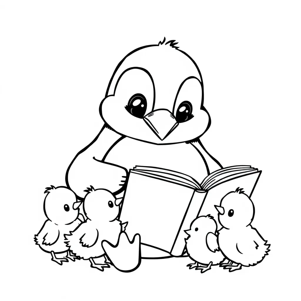Penguin Reading a Storybook to Baby Chicks
