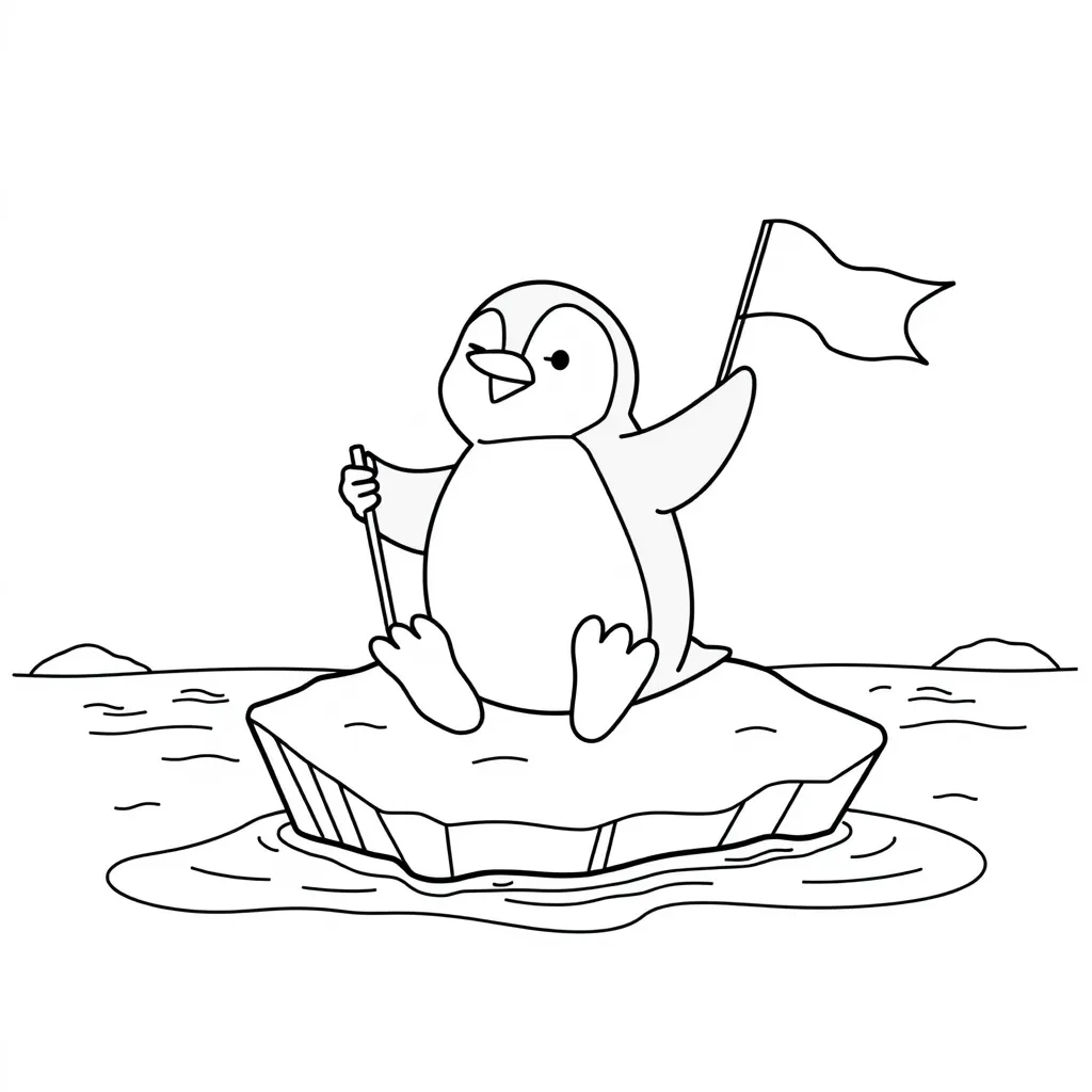 Penguin Sailing on an Ice Raft with a Flag