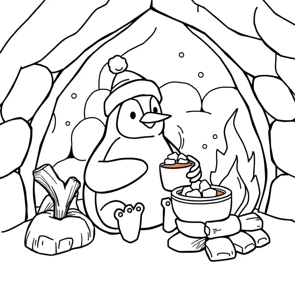 Penguin Sipping Hot Cocoa in a Cozy Igloo