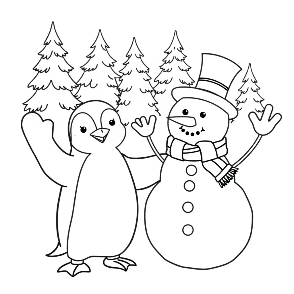 Penguin and Snowman Waving Together