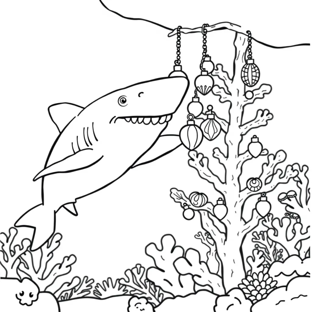 Shark Decorating an Underwater Christmas Tree