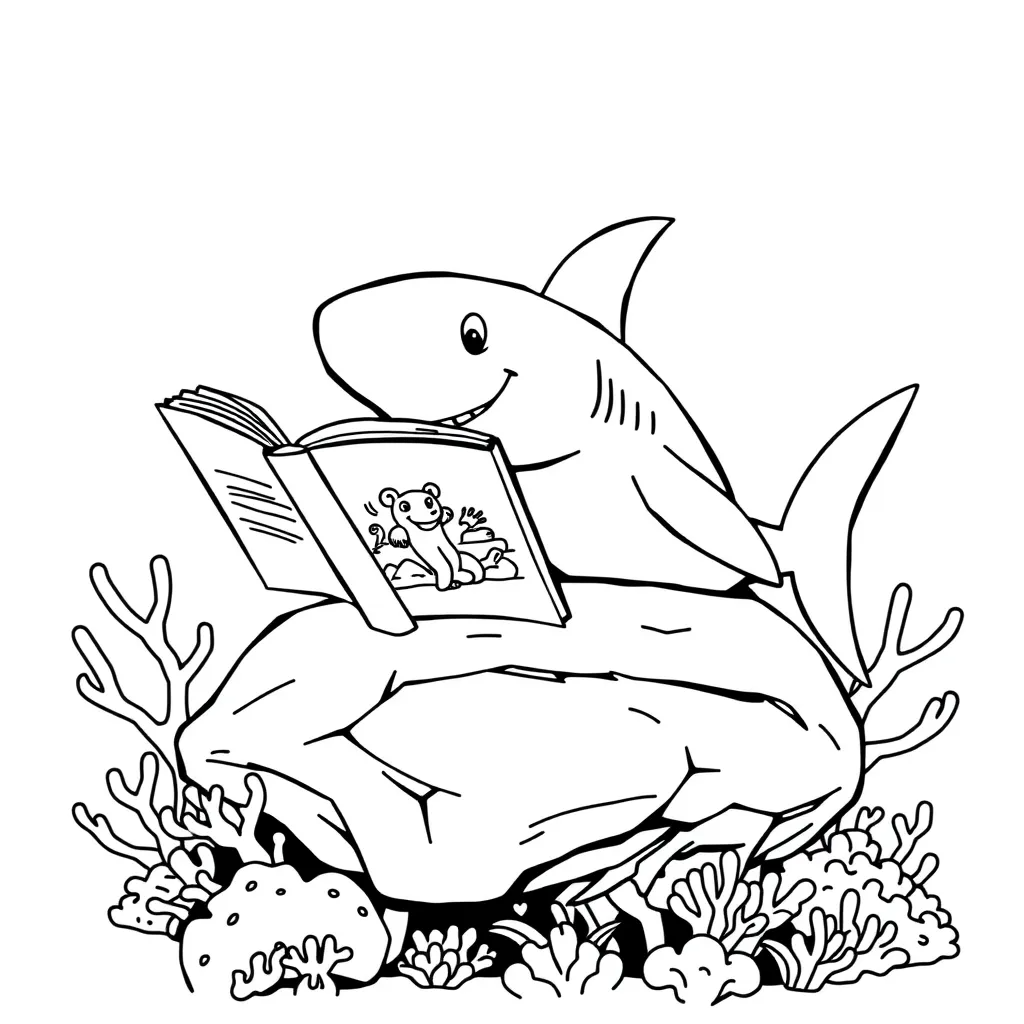 Shark Reading a Book on a Coral Rock