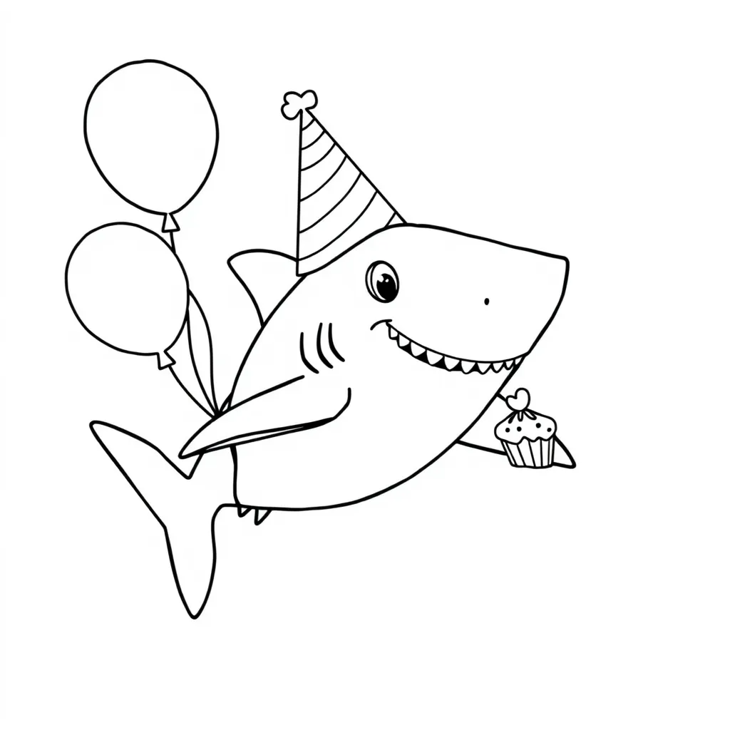 Shark Wearing a Birthday Hat and Holding Balloons