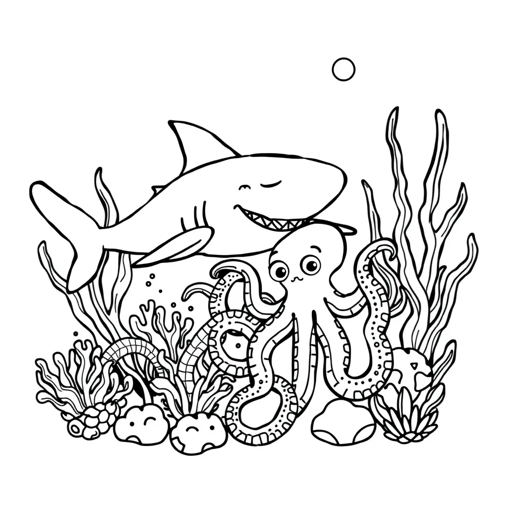 Shark and Octopus Playing Hide-and-Seek in a Reef