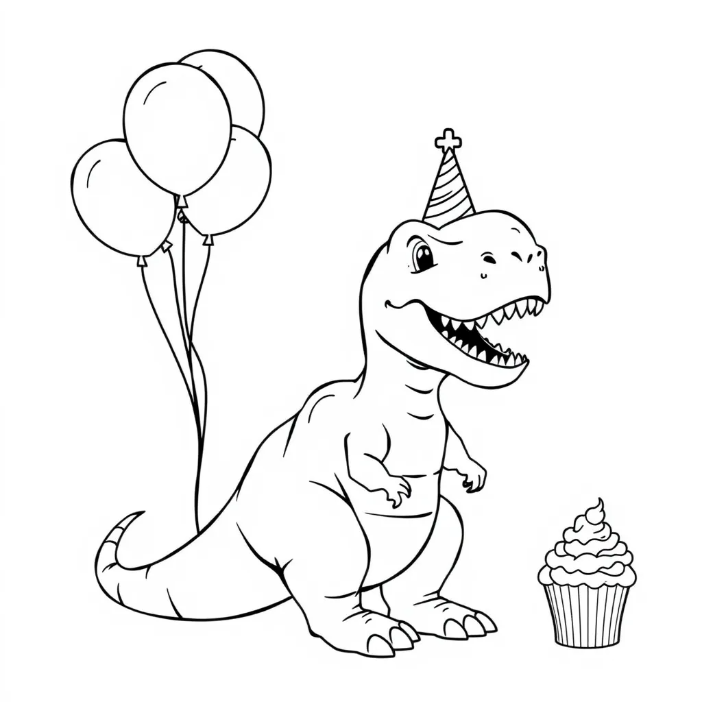 T-Rex Wearing a Party Hat and Holding Balloons
