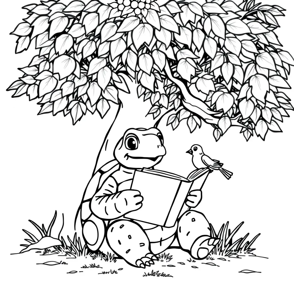 Turtle Reading a Book Under a Tree