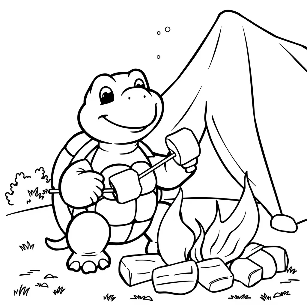 Turtle Roasting Marshmallows at a Campfire