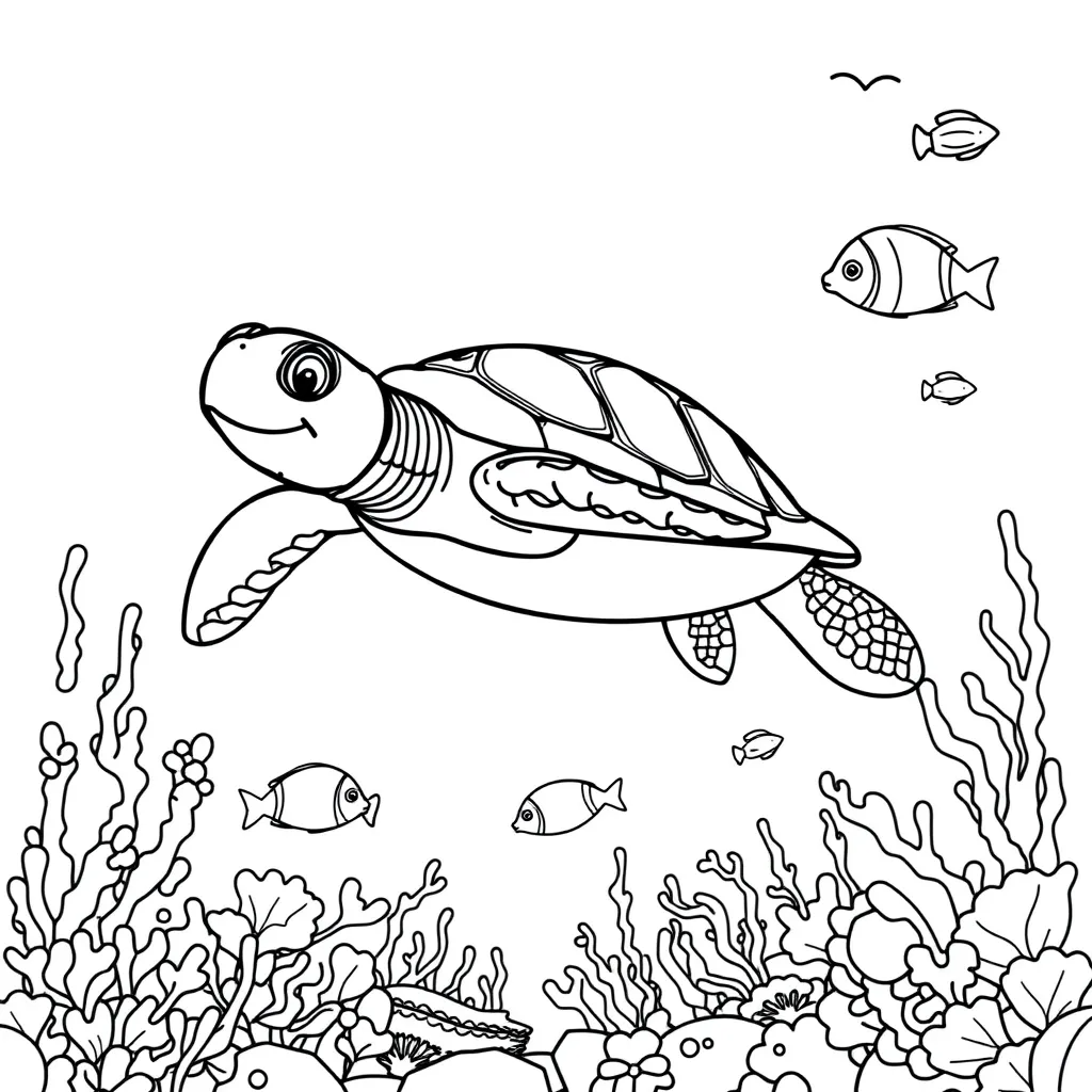 Turtle Swimming in the Ocean with Fish