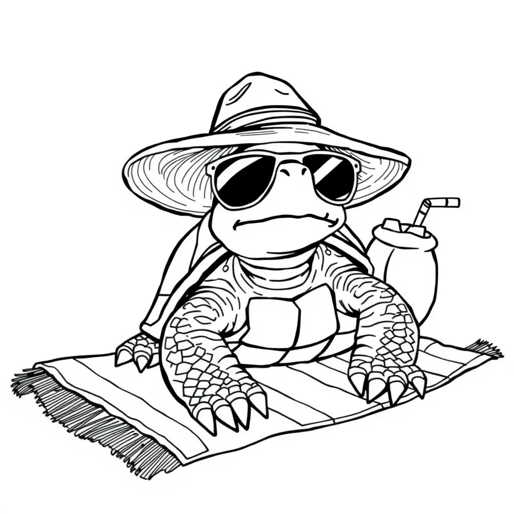 Turtle Wearing a Hat and Sunglasses on Vacation