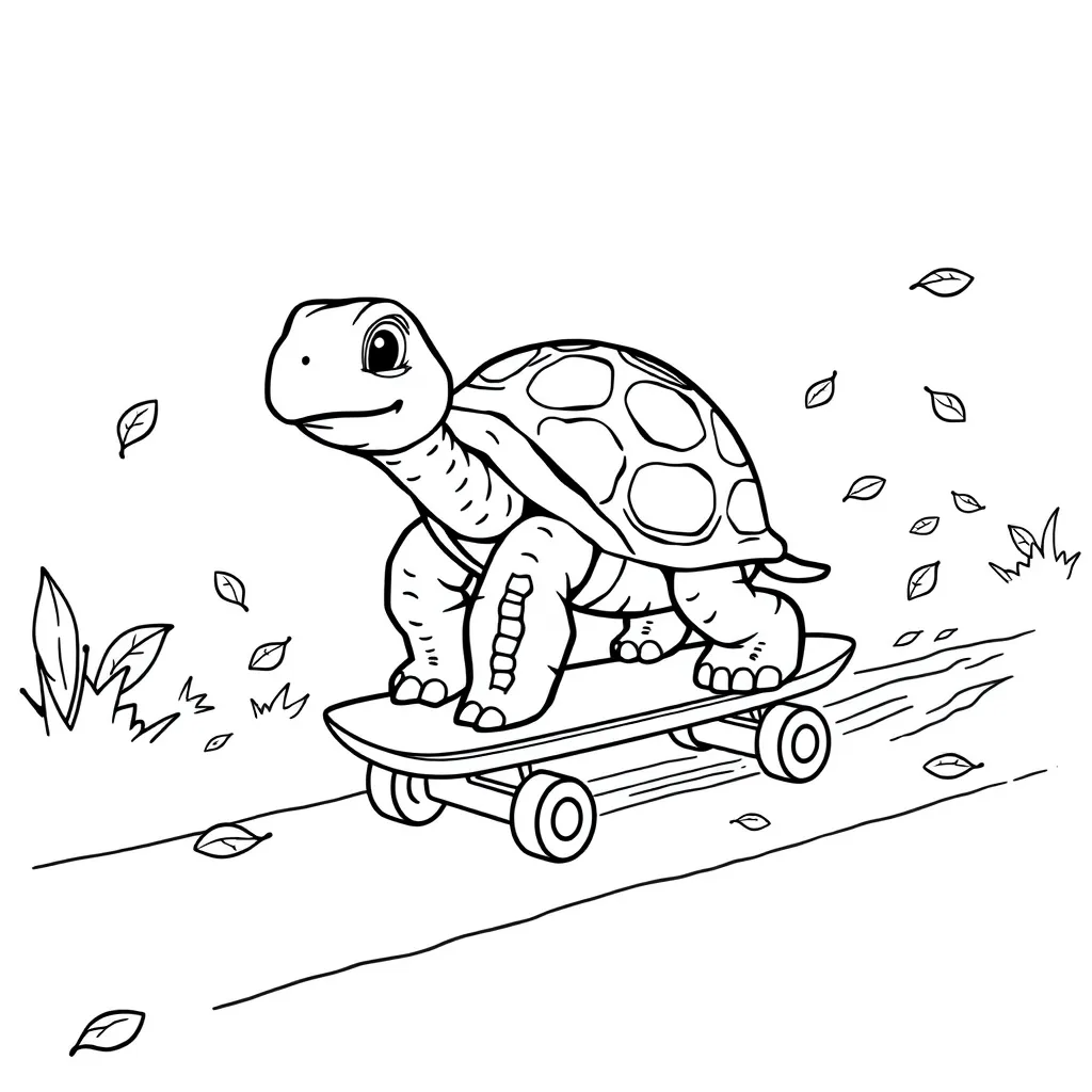 Turtle on a Skateboard Rolling Down a Path