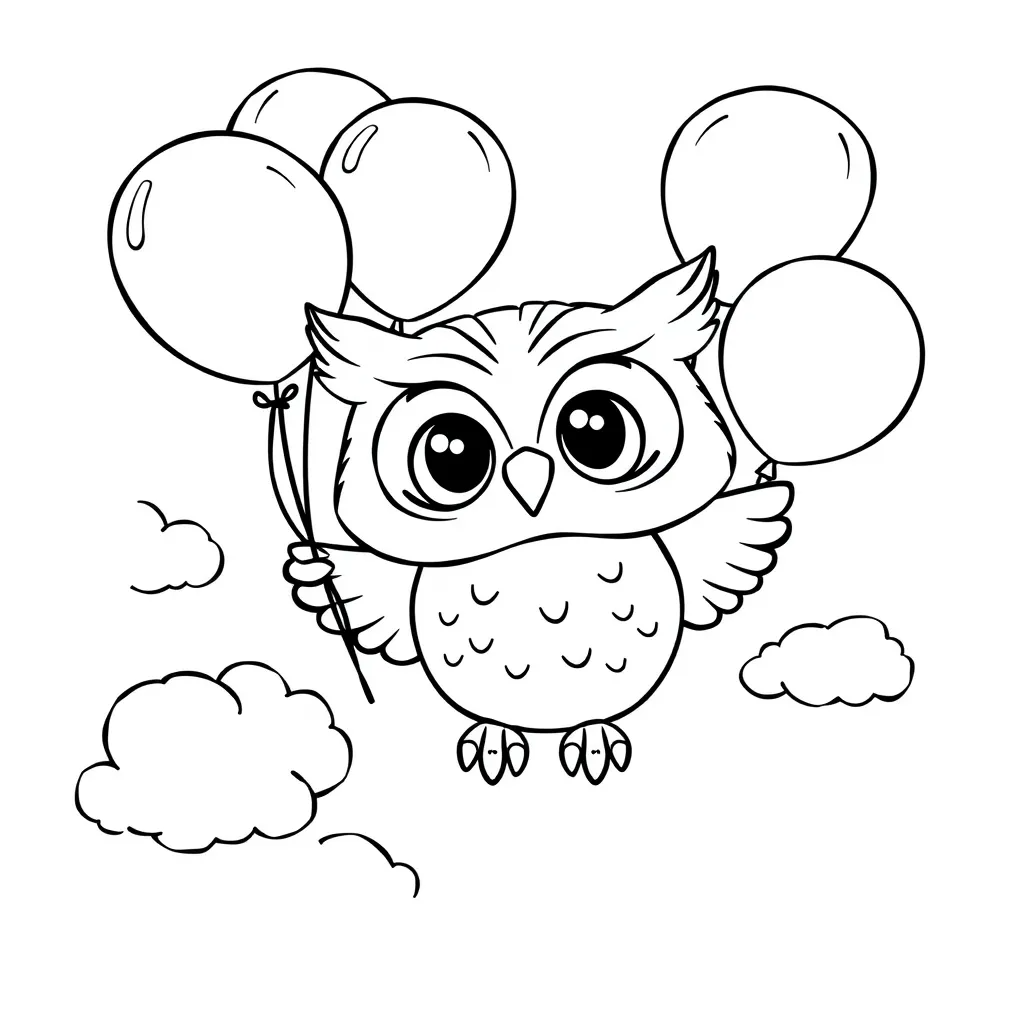 A cartoon owl holding balloons