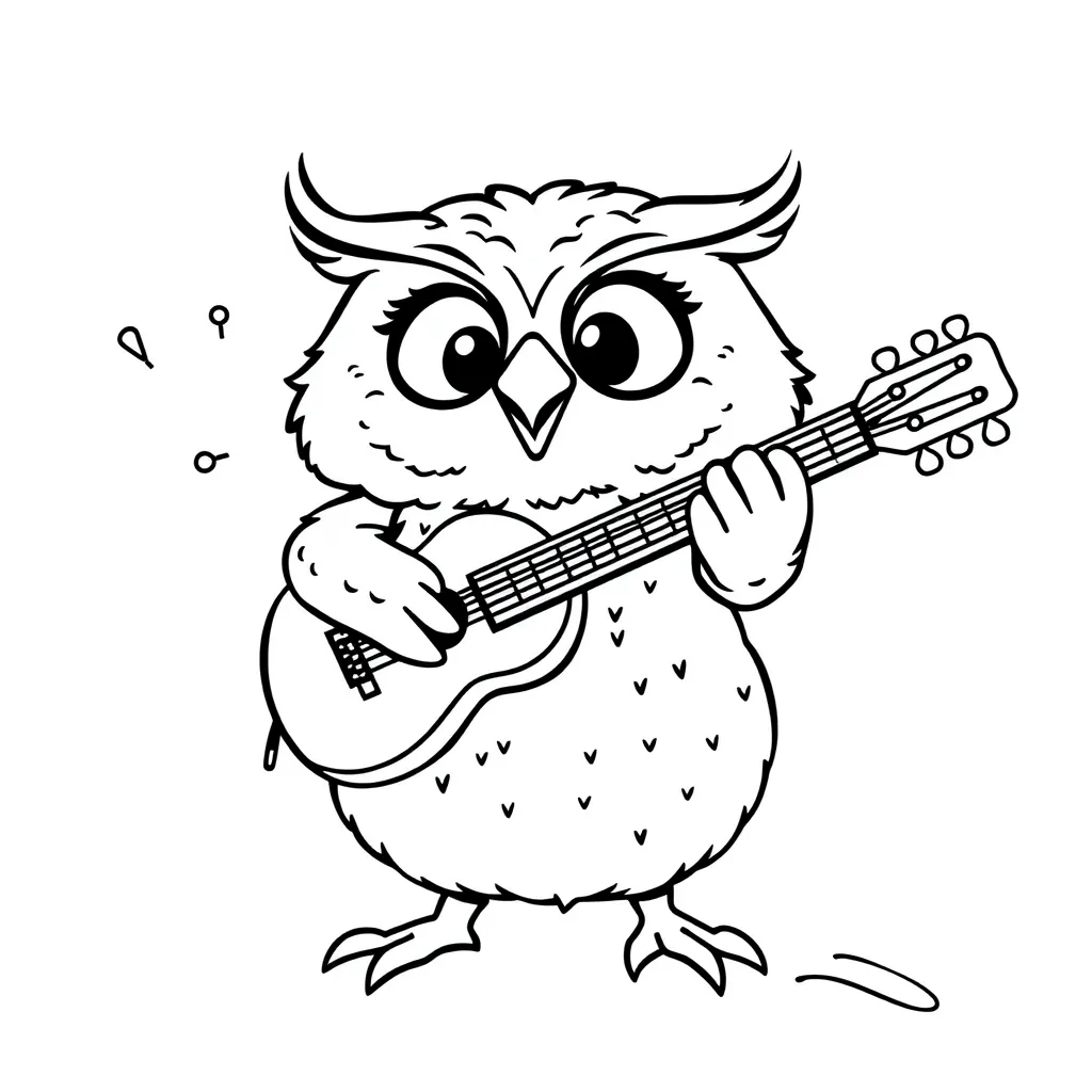 A joyful owl playing a guitar
